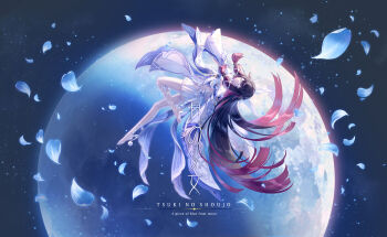 1girl absurdres bare_shoulders black_hair blue_petals closed_eyes closed_mouth colored_inner_hair columbina_(genshin_impact) commentary_request dress feathered_wings full_body full_moon fylus genshin_impact gold_trim gradient_hair hair_ribbon head_wings highres long_hair long_sidelocks looking_at_viewer moon multicolored_hair multiple_wings petals pink_hair ribbon sidelocks smile solo very_long_hair white_dress white_ribbon white_wings wings