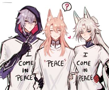 1girl 2boys ? animal_ear_fluff animal_ears arms_at_sides bisexual_male blush closed_eyes closed_mouth clothes_writing clueless facing_viewer feixiao_(honkai:_star_rail) forehead_jewel gloves grabbing_another's_arm grey_hair hair_between_eyes hand_on_own_hip hand_up heart hetero high_ponytail highres honkai:_star_rail honkai_(series) hood hood_up implied_bisexual inward_v jhenny345 jiaoqiu_(honkai:_star_rail) layered_sleeves long_hair long_sleeves looking_at_viewer moze_(honkai:_star_rail) multiple_boys one_eye_closed parted_bangs pink_hair ponytail short_hair short_over_long_sleeves short_sleeves side-by-side simple_background sketch spanish_commentary spoken_question_mark v white_background