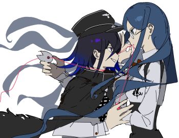 Rule 34 | 1boy, 1girl, black cape, black hair, blue hair, buttons, cape, checkered clothes, checkered scarf, collared shirt, commentary request, danganronpa (series), danganronpa v3: killing harmony, flipped hair, from side, glasses, green eyes, hair between eyes, hat, highres, long hair, long sleeves, oma kokichi, ovrperi, peaked cap, purple eyes, purple hair, ribbon, round eyewear, scarf, school uniform, shirogane tsumugi, shirt, short hair, simple background, skirt, smile, smirk, string, string of fate, teeth, thread, two-tone scarf, upper body, very long hair, white background, white shirt