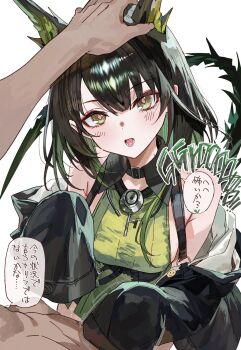 1boy 1girl absurdres animal_ears arknights bare_shoulders black_hair black_jacket black_tail blush breasts cat_ears clothed_female_nude_male dress extra_ears green_dress green_eyes handjob handjob_over_clothes headpat highres jacket long_hair long_sleeves looking_at_viewer mon3tr_(arknights) nude off_shoulder open_clothes open_jacket open_mouth pov simple_background sleeveless sleeveless_dress sleeves_past_fingers sleeves_past_wrists speech_bubble suujiniku translation_request white_background