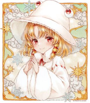 1girl 2025 alternate_costume alternate_headwear artist_name blonde_hair blush closed_mouth coat commentary_request fur-trimmed_sleeves fur_trim hair_ribbon hat long_hair looking_at_viewer moriya_suwako own_hands_together red_ribbon ribbon s.mamiya smile snowflakes solo touhou traditional_media white_coat white_hat