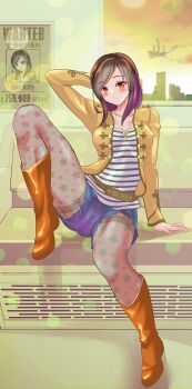 1girl boots brown_eyes brown_hair city gokai_galleon highres kaizoku_sentai_gokaiger luka_millfy pantyhose poster sendai_magic shirt shorts super_sentai thighband_pantyhose vest window