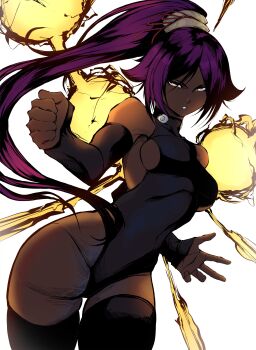 1girl absurdres alternate_breast_size_(smaller) black_leotard black_thighhighs bleach bleach:_sennen_kessen-hen breasts dark-skinned_female dark_skin electricity female_focus hair_ornament highres jesse_schickler leotard long_hair looking_at_viewer parted_lips ponytail purple_hair shihouin_yoruichi simple_background small_breasts thighhighs thighs white_background yellow_eyes