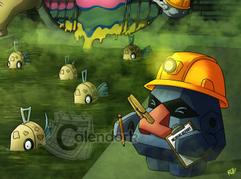 >_< alolan_form alolan_muk artist_name clipboard closed_eyes clothes_pin commentary ditto english_commentary english_text feebas fish gas gen_1_pokemon gen_3_pokemon gen_7_pokemon geodude grate hard_hat helmet highres holding holding_clipboard holding_pencil nintendo nosepass pencil pokemon pokemon_(creature) pokemon_focus red_nose sewer signature swimming thecalendork transformed_ditto water watermark yellow_helmet