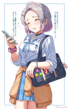 1girl ^_^ absurdres bag black_choker blue_ribbon blue_skirt blush braid brown_cardigan cardigan cardigan_around_waist cellphone chain chain_bracelet character_charm charm_(object) choker closed_eyes clothes_around_waist commentary_request cosplay fingernails flying_sweatdrops forehead gakuen_idolmaster gradient_hair grey_hair gyaru hair_ribbon half_up_braid hatsuboshi_gakuen_school_uniform highres holding holding_phone idolmaster jewelry katsuragi_lilja kogal loose_neck_ribbon multicolored_hair nail_polish neck_ribbon open_collar phone pink_hair pleated_skirt ribbon ribbon_braid ring school_bag school_uniform scrunchie shirt shiun_sumika shiun_sumika_(cosplay) short_hair skirt smartphone smile solo translation_request twitter_username white_background white_shirt wrist_scrunchie yugao_(kam_pom37)