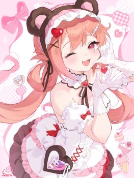 Rule 34 | 1girl, alice vu, animal ear hairband, animal ears, bare shoulders, bear ear hairband, bear ears, commentary, detached sleeves, double-parted bangs, dress, fake animal ears, fang, gloves, hairband, hands up, heart, highres, mistique (cocoa night sweetheart) (stella sora), mistique (stella sora), official alternate costume, one eye closed, open mouth, orange hair, short sleeves, smile, solo, stella sora, twintails, white dress, white gloves