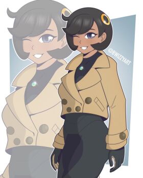 1girl black_hair bodysuit breasts bwizzyard dark-skinned_female dark_skin emma_(pokemon) gloves jacket long_sleeves nintendo one_eye_closed pokemon pokemon_legends:_z-a purple_eyes short_hair teeth