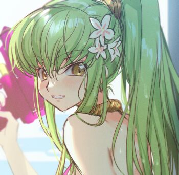 1girl bare_back bare_shoulders blush breasts brown_hairband c.c. cleavage clenched_teeth code_geass creayus flower green_hair gun hairband holding holding_gun holding_weapon long_bangs long_hair looking_at_viewer ponytail simple_background small_breasts solo teeth water_drop weapon white_flower yellow_eyes
