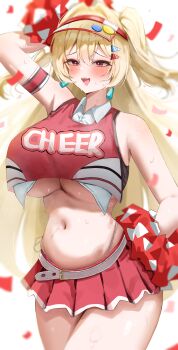 1girl absurdres arm_strap arm_up bare_shoulders belt blonde_hair blush breasts byeop_(qudrhkswww) cheerleader clay_(nikke) clothes_writing commentary_request confetti cowboy_shot crop_top goddess_of_victory:_nikke hair_between_eyes hair_intakes hair_ornament hairclip hand_on_own_hip highleg highleg_panties highres holding holding_pom_poms huge_breasts korean_commentary long_hair miniskirt mixed-language_commentary navel open_mouth panties panty_straps pleated_skirt plump pom_pom_(cheerleading) pom_poms red_eyes red_shirt red_skirt shirt sidelocks simple_background skirt sleeveless sleeveless_shirt smile solo standing stomach sweat underboob underwear visor_cap white_background white_belt white_shirt