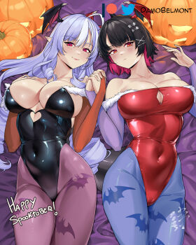 2girls ahoge alternate_costume animal_print artist_name bare_shoulders bat_print black_hair black_leotard blue_pantyhose breasts cleavage commentary cosplay covered_navel damobelmont darkstalkers ellen_joe english_commentary highres holding_hands large_breasts leotard lilith_(darkstalkers) lilith_(darkstalkers)_(cosplay) long_hair looking_at_viewer lying mole mole_under_eye morrigan_aensland morrigan_aensland_(cosplay) multicolored_hair multiple_girls on_back pantyhose patreon_logo pointy_ears purple_hair purple_pantyhose red_eyes red_hair red_leotard short_hair streaked_hair twitter_logo two-tone_hair very_long_hair vivian_banshee white_hair zenless_zone_zero