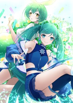 2girls animal_ears aqua_hair aqua_nails blue_eyes blue_jacket braid braided_hair_rings breasts closed_mouth commentary_request crop_top green_hair hair_between_eyes hair_ornament hair_rings hatsune_miku highres jacket long_hair looking_at_viewer magical_mirai_(vocaloid) magical_mirai_miku magical_mirai_miku_(2025) multiple_girls official_alternate_costume official_alternate_hairstyle open_mouth puffy_short_sleeves puffy_sleeves regress shirt short_sleeves signature sky small_breasts smile star_(symbol) star_hair_ornament star_hands suspenders twintails very_long_hair vocaloid voicevox white_shirt yellow_eyes zundamon