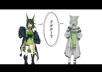 Rule 34 | 2girls, absurdres, animal ears, arknights, bare shoulders, black boots, black coat, black hair, boots, coat, colored inner hair, commentary request, dress, emoji, fang, fubou (0503oekaki24), green dress, green eyes, green hair, halter dress, halterneck, hands in pockets, highres, kal'tsit (arknights), knee boots, lab coat, letterboxed, long sleeves, looking at viewer, material growth, medium hair, mon3tr (arknights), multicolored hair, multiple girls, no eyes, off shoulder, open mouth, oripathy lesion (arknights), short hair with long locks, simple background, skin fang, speech bubble, standing, star of life, stethoscope, stethoscope around neck, tail, translated, white background