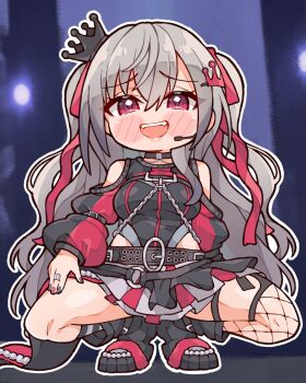 Rule 34 | 1girl, asymmetrical legwear, belt, black boots, black choker, black crown, black leotard, black nails, black shrug, black skirt, black thighhighs, blush, boots, braid, breasts, choker, clothing cutout, commentary, crown, deformed, fangs, fishnet thighhighs, fishnets, grey hair, hair ribbon, headset, highres, hololive, hololive dev is, isaki riona, isaki riona (flowglow uniform), kukie-nyan, layered skirt, leotard, leotard under clothes, long hair, looking at viewer, lowleg, lowleg skirt, medium breasts, mini crown, miniskirt, mismatched legwear, multicolored nails, multicolored shrug, nail polish, official alternate costume, official alternate hairstyle, open mouth, pleated skirt, red eyes, red nails, red ribbon, red shrug, red skirt, ribbon, shoulder cutout, shrug (clothing), silver ring, single braid, single fishnet legwear, skirt, smile, solo, squatting, thighhighs, tilted headwear, two-tone shrug, two-tone skirt, two side up, untranslatable commentary, virtual youtuber, white skirt