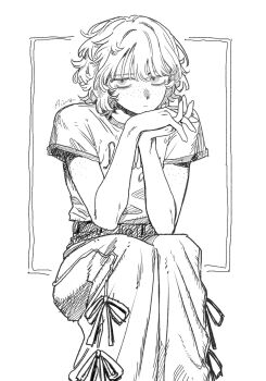 Rule 34 | 1girl, atsu exist, commentary request, denim, freckles, greyscale, highres, interlocked fingers, jeans, monochrome, original, own hands clasped, own hands together, pants, shirt, short hair, short sleeves, solo