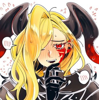 1girl armor black_armor blonde_hair blush dragon_horns facial_mark fate/grand_order fate_(series) flying_sweatdrops gloves hair_over_one_eye horns kuriimu0203 long_hair nero_claudius_(fate) pointy_ears queen_draco_(fate) queen_draco_(third_ascension)_(fate) red_eyes shy smile tearing_up