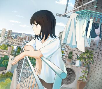1girl 3d absurdres air_conditioner bad_anatomy bad_hands balcony black_hair blush bottle bra brown_eyes brown_shorts building cactus city clothes_pin day dutch_angle highres laundry laundry_pole looking_afar original outdoors plant potted_plant profile railing sakura_inu_(itoyatomo) shirt shorts solo spray_bottle t-shirt tile_wall tiles underwear unworn_bra white_shirt