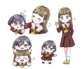 2girls :d ^_^ black_hair blush_stickers braid brown_dress brown_hair center-flap_bangs chibi closed_eyes closed_mouth commentary dress hair_ornament hasu_no_sora_school_uniform kachimachi_kosuzu katsuragi_izumi link!_like!_love_live! long_sleeves looking_at_viewer love_live! medium_dress moso_(expect66) multiple_girls multiple_views neckerchief open_mouth orange_eyes pink_eyes pleated_dress sailor_collar sailor_dress school_uniform shoes side_ahoge side_braids simple_background slit_pupils smile standing triangle_hair_ornament uwabaki virtual_youtuber white_background white_sailor_collar winter_uniform yellow_neckerchief yellow_shoes