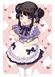 Rule 34 | 1girl, :d, apron, bad id, bad pixiv id, black hair, black ribbon, black skirt, blue eyes, border, bowl, cowboy shot, cropped legs, double bun, fang, frilled apron, frills, hair bun, heath (artist), highres, holding, holding bowl, holding whisk, kurosu aroma, looking at viewer, neck ribbon, open mouth, pretty series, pripara, puffy short sleeves, puffy sleeves, purple ribbon, purple shirt, ribbon, shirt, short sleeves, skirt, smile, solo, standing, thighhighs, whisk, white apron, white border, white thighhighs