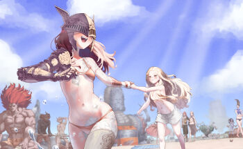 4girls 6+boys :d absurdres beach beach_towel beach_umbrella bikini black_robe blonde_hair blue_bikini blue_hair braid breasts brother_and_sister brown_male_swimwear brown_shorts cloak cloud convenient_censoring crab cropped_legs ekrea_jan elden_ring extra_ears food_stand full_body godfrey_first_elden_lord godrick_the_grafted green_cloak grey_hair grey_male_swimwear grey_shorts helmet highres holding holding_hands holding_instrument howling husband_and_wife instrument light_rays locked_arms long_hair male_swimwear malenia_blade_of_miquella maliketh_the_black_blade maracas medium_breasts medium_hair midriff miquella_(elden_ring) mohg_lord_of_blood morgott_the_omen_king multiple_boys multiple_braids multiple_girls muscular muscular_male nude open_mouth parody pointy_hat polearm prosthesis prosthetic_arm prosthetic_leg queen_marika_the_eternal radagon_of_the_golden_order ranni_the_witch red_bikini red_hair rennala_queen_of_the_full_moon robe running rykard_lord_of_blasphemy scar shaking shorts siblings sitting sky small_breasts smile standing starscourge_radahn sunbeam sunlight swimsuit towel trident umbrella walking water wavy_hair weapon white_hair white_male_swimwear white_shorts winged_helmet yellow_eyes yellow_male_swimwear yellow_shorts