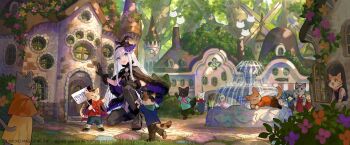 1girl blue_eyes boots cat commentary_request convenient_censoring cover cover_page flower fountain fur-trimmed_boots fur-trimmed_gloves fur-trimmed_poncho fur_trim fuzichoco gloves hat highres house kenja_no_deshi_wo_nanoru_kenja lolita_fashion long_hair mira_(kendeshi) novel_cover novel_illustration official_art open_mouth outdoors poncho sign smile solo thighhighs top_hat tree village white_hair windmill