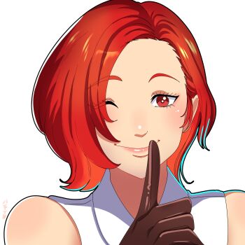 1girl female_focus gloves hatsubara_8chan looking_at_viewer one_eye_closed red_eyes red_hair shirt short_hair smile smiley_face the_king_of_fighters vanessa_(kof) white_shirt