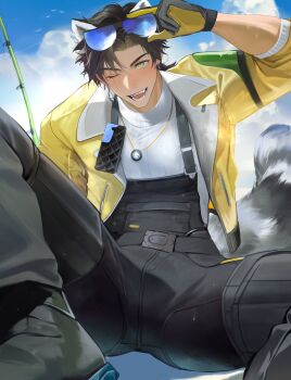 1boy alesh_(arknights) animal_ears arknights arknights:_endfield black_hair black_pants commentary eyewear_on_head fishing_rod highres jacket jewelry male_focus necklace pants raccoon_ears raccoon_tail scar scar_on_face smile tail uyouu19 winter_clothes yellow_jacket