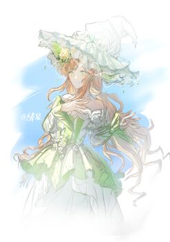 1girl absurdres artist_name bare_shoulders blue_background bow brown_hair chinese_commentary commentary_request cowboy_shot dress eternalsummer49218 eyelashes flower frilled_headwear frilled_sleeves frills green_dress green_eyes hair_flower hair_ornament hand_on_own_chest happy hat highres infinity_nikki jewelry layered_dress layered_sleeves light_blush long_dress long_hair long_sleeves low_twintails necklace nikki_(series) off-shoulder_dress off_shoulder open_mouth outstretched_hand rainfall_&amp;_blossoms_(infinity_nikki) short_over_long_sleeves short_sleeves sidelocks sketch sleeve_bow smile solo standing swept_bangs twintails two-tone_background very_long_hair vignetting wavy_hair white_background white_bow white_dress white_hat witch witch_hat yellow_flower