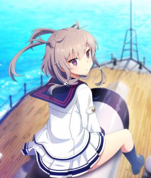 1girl black_shoes black_socks brown_hair closed_mouth day dress from_above from_behind game_cg hair_ornament long_sleeves looking_back medium_hair ocean official_art outdoors purple_eyes sailor sailor_collar sailor_dress shichinosato_kofuki ship ship_deck shoes sidelocks sitting skirt skull_hair_ornament socks solo straddling sunlight third-party_source toji_no_miko toji_no_miko:_kizamishi_issen_no_tomoshibi twintails watercraft white_dress white_sailor_collar white_skirt