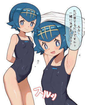 1girl :d absurdres animal_print arm_behind_back armpits arms_behind_back arms_behind_head arms_up bare_legs bare_shoulders black_one-piece_swimsuit blue_eyes blue_hair blush breasts bright_pupils closed_mouth clothes_lift collarbone covered_erect_nipples covered_navel eyelashes female_focus fish_print freckles funifuchan hairband happy highres lana_(pokemon) loli looking_at_viewer multiple_views nintendo no_sclera one-piece_swimsuit open_mouth pokemon pokemon_sun_and_moon shiny_skin shirt shirt_lift short_hair simple_background small_breasts smile speech_bubble swimsuit translation_request undressing white_background white_pupils white_shirt yellow_hairband