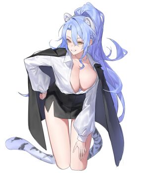 1girl absurdres animal_ears black_jacket black_skirt blue_hair braid breasts character_request cleavage collarbone dress_shirt grin hand_on_own_hip highres jacket large_breasts long_hair looking_to_the_side pencil_skirt shirt side_slit simple_background single_braid skirt smile snacks00 solo standing tail tiger_ears tiger_tail white_background white_shirt yellow_eyes