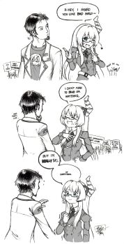 10s 1boy 1girl artist_self-insert blue_eyes character_print comic dark_souls_(series) dark_souls_i english_text facial_hair glasses goatee halo_(game) halo_(series) halo_wars hand_on_own_chin hetero highres isaki_tanaka kami_jigen_game_neptune_v kiseijou_rei long_hair monochrome monster_musume_no_iru_nichijou neptune_(series) one_eye_closed rachnera_arachnera semi-rimless_eyewear short_hair sign signature spot_color tearing_up tears under-rim_eyewear very_long_hair