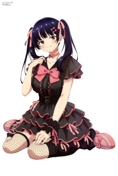 1girl absurdres anime_coloring aquastar_inc. black_dress black_eyes black_hair black_thighhighs black_wrist_cuffs blush boku_no_kokoro_no_yabai_yatsu bow bow_choker breasts choker closed_mouth collarbone copyright_name copyright_notice dress fishnet_thighhighs fishnets frilled_dress frills full_body hair_bow hair_ribbon hand_up head_tilt highres large_breasts long_hair looking_at_viewer magazine_scan megami_magazine mole mole_on_neck official_art pink_bow pink_choker pink_ribbon pink_shoes platform_heels playing_with_own_hair ribbon scan shoes short_dress simple_background single_wrist_cuff sitting smile solo thighhighs third-party_source twintails wariza white_background wrist_cuffs yamada_anna