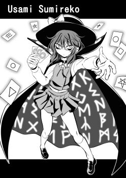 1girl ayana_mizuki bags_under_eyes card character_name cloak closed_mouth commentary_request expressionless full_body glasses greyscale hat high_collar highres holding holding_card loafers long_sleeves looking_at_viewer medium_hair monochrome pleated_skirt quimbaya_airplane runes shoes skirt socks solo touhou usami_sumireko vest