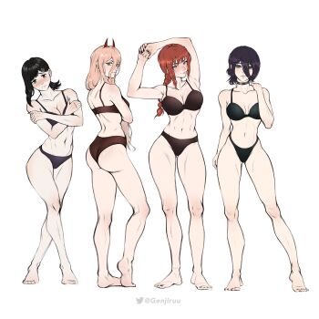 4girls armpits arms_up ass black_bra black_panties bra braid breasts chainsaw_man full_body genjiruu higashiyama_kobeni highres long_hair makima_(chainsaw_man) medium_breasts multiple_girls muscular navel panties power_(chainsaw_man) reze_(chainsaw_man) simple_background standing thick_thighs thighs toned toned_female underwear wedgie white_background