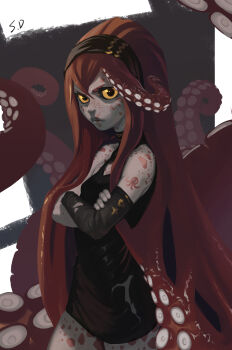 Rule 34 | 1girl, black dress, black eyes, black hairband, colored sclera, colored skin, cowboy shot, crossed arms, dress, eyelashes, grey skin, hair between eyes, hairband, highres, long hair, monster girl, original, red hair, scylla, sendai (nazonomono), short dress, solo, tentacle hair, tentacles, very long hair, yellow sclera