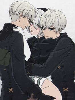 1girl 2b_(nier:automata) 2boys 9s_(nier:automata) absurdres black_gloves black_hairband black_jacket blue_eyes blush closed_mouth commentary cowboy_shot curvy dual_persona gloves grey_background grey_hair hair_between_eyes hairband hand_on_another&#039;s_shoulder hand_on_another&#039;s_thigh head_on_another&#039;s_shoulder highleg highleg_leotard highres hug jacket leotard lips long_sleeves looking_at_another mole mole_under_mouth multiple_boys nier:automata nier_(series) puffy_short_sleeves puffy_sleeves shirl_geem short_hair short_sleeves white_leotard wide_hips