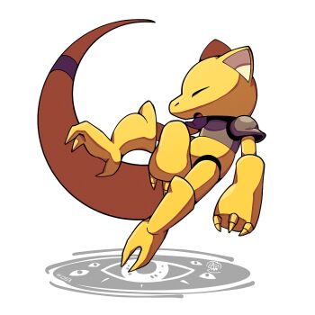 abra closed_eyes colored_skin full_body gen_1_pokemon mistray-art nintendo no_humans open_mouth pokemon pokemon_(creature) signature simple_background solo tail white_background yellow_skin