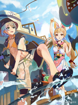 1boy 1girl abs absurdres alice_thymefield alice_thymefield_(sea_of_thyme) animal_ear_fluff animal_ears arm_up armpits bangboo_(zenless_zone_zero) bare_shoulders bird blonde_hair blue_sky blue_wetsuit breasts bucket_hat cheering cloud collarbone commentary_request cup dress_swimsuit drinking_glass fish_hat fishing fishing_rod green_eyes grey_hair grey_shorts hair_ornament hairband hat heterochromia highres holding holding_fishing_rod jewelry long_hair low_twintails medium_breasts navel necklace official_alternate_costume on_ship open_mouth rabbit_ears rabbit_girl red_eyes sharkboo_(zenless_zone_zero) short_hair shorts sky sphere_hair_ornament splashing towel towel_around_neck tu_pao_diao_yu_shao twintails v-shaped_eyebrows white_bird white_hairband wise_(peaceful_waves)_(zenless_zone_zero) wise_(zenless_zone_zero) yellow_eyes zenless_zone_zero