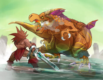 Rule 34 | bad id, bad pixiv id, brown hair, capcom, hauzer, horns, leo (warzard), mononoke (artist), mononoke (empty), no humans, sword, warzard, weapon, wings