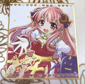 1girl :d arch_bishop_(ragnarok_online) blush breasts cleavage cleavage_cutout clothing_cutout commentary_request cowboy_shot creature cross curled_horns deviruchi dress fujii_ryou horns juliet_sleeves large_breasts long_hair long_sleeves looking_at_viewer open_mouth orange_eyes pink_hair puffy_sleeves ragnarok_online red_dress sash shikishi simple_background smile solo two-tone_dress white_background white_dress yellow_sash