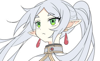 1girl buttons capelet closed_mouth commentary_request e.o. earrings floating_hair frieren green_eyes grey_hair highres jewelry long_hair looking_to_the_side meme pointy_ears sidelocks simple_background solo sousou_no_frieren twintails upper_body upward_angle_frieren_drawing_(meme) white_background white_capelet