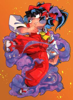 1girl ascot black_eyes black_hair bow colored_smoke detached_sleeves fighting_stance full_body hair_bow hair_tubes hakama hakama_pants hakurei_reimu hand_up highres inuyama_konan japanese_clothes kicking looking_to_the_side loose_hair_strand medium_hair motion_lines orange_background pants ponytail red_bow red_hakama red_shirt sandals shirt sleeveless sleeveless_shirt smoke solo standing standing_on_one_leg tabi touhou yellow_ascot zouri