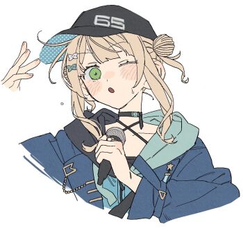 1girl black_hat blonde_hair blue_jacket collarbone cropped_torso dayama double_bun fingernails flat_color green_eyes hair_bun hand_up hat highres jacket kaburaki_roco kaburaki_roco_(1st_costume) looking_at_viewer nijisanji parted_lips simple_background solo upper_body virtual_youtuber white_background