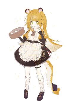 1girl animal_ear_fluff animal_ears blonde_hair colored_inner_hair commentary_request green_eyes highres jacket ju_fufu long_hair looking_at_viewer multicolored_hair siomimi solo striped_fur striped_hair tail tiger_ears tiger_girl tiger_tail white_hair yellow_jacket zenless_zone_zero