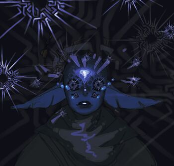 1other blue_skin broken_helmet colored_skin commentary english_commentary eye_of_the_universe facing_viewer four_eyes hatchling_(outer_wilds) hearthian helmet highres horror_(theme) kaiju-kin limited_palette notched_ear outer_wilds parted_lips pointy_ears solo space_helmet