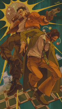 2boys belt black_hair blazer bomber_jacket cigarette collared_shirt commentary dancing disco_ball disco_elysium english_commentary facial_hair full_body glasses green_jacket grin gun handgun harry_du_bois highres holding holding_cigarette holding_gun holding_weapon honeybreqd horrific_necktie jacket kim_kitsuragi looking_to_the_side male_focus multiple_boys mutton_chops orange_jacket shirt shirt_tucked_in smile smoke smoke_trail twisted_torso weapon white_shirt