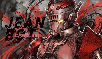 Rule 34 | 1boy, armor, artist name, castlings, character name, english text, full armor, glowing, glowing eyes, grey background, jean-bot, looking ahead, male focus, mecha, mecha focus, multicolored armor, no humans, red armor, red background, robot, splatter background, tokusatsu, two-tone armor, two-tone background, ultra galaxy (series), ultra series, ultraman zero the movie choukessen! belial ginga teikoku, upper body, white armor, yellow eyes