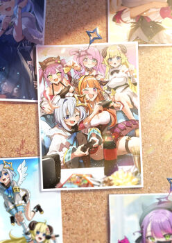 5girls blonde_hair breasts commentary_request controller dragon_girl dragon_horns dress green_eyes grey_hair group_picture halo highres himemori_luna himemori_luna_(1st_costume) holding holding_controller hololive horns kiryu_coco kito_koruta large_breasts long_hair multiple_girls one_eye_closed orange_hair photo_(object) purple_hair sheep_girl star_halo tokoyami_towa tokoyami_towa_(1st_costume) tsunomaki_watame tsunomaki_watame_(1st_costume) twintails virtual_youtuber white_dress