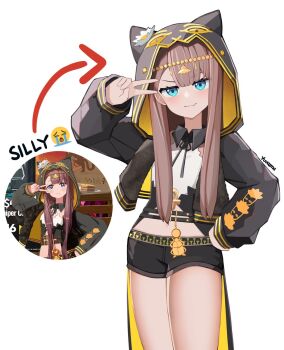 1girl :3 animal_ear_hood ankh arknights arrow_(symbol) artist_name black_jacket black_shorts blue_eyes brown_hair commentary cowboy_shot crying_emoji emoji english_commentary english_text fake_animal_ears fang fang_out hand_on_own_hip head_chain highres hood hood_up hooded_jacket jacket jewelry long_sleeves navel pepe_(arknights) reference_inset scarab shorts simple_background skin_fang smile smug solo v v_over_eye white_background yuu_azma