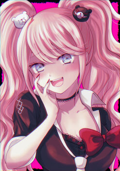 Rule 34 | 1girl, :d, asaho, bear hair ornament, black choker, blue eyes, blush, bow, bowtie, breasts, choker, collarbone, commentary request, danganronpa: trigger happy havoc, danganronpa (series), enoshima junko, eyelashes, eyes visible through hair, fingernails, furrowed brow, hair ornament, hand on own cheek, hand on own face, hand up, highres, large breasts, long fingernails, long hair, long sleeves, looking at viewer, nail polish, naughty face, necktie, open mouth, pink background, pink hair, red bow, red bowtie, red nails, school uniform, shaded face, sidelocks, simple background, sleeves rolled up, smile, solo, spoilers, swept bangs, teeth, twintails, upper body, upper teeth only, very long hair, wavy hair, white necktie